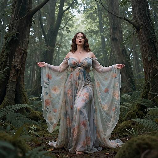 Photograph of a curvy woman with wavy brown hair, wearing a sheer, floral-embroidered dress, standing in a dense, mist