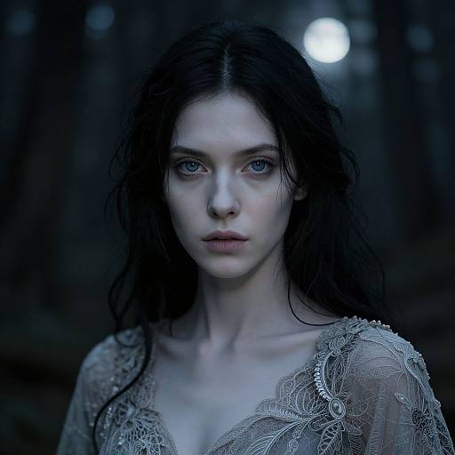Photograph of a pale, young woman with long, dark, wavy hair, blue eyes, and delicate lace dress, illuminated by a moonlit