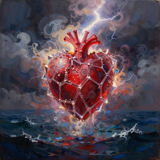 Impasto Red Heart in Stormy Ocean
