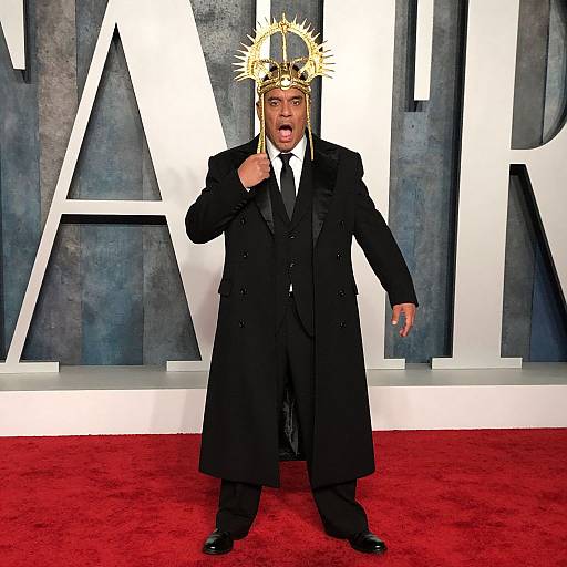 Photograph of a Black man in a black suit, white shirt, and black tie, wearing a gold crown, standing on a red carpet with large