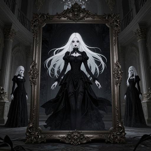 Gothic digital art: A pale, white-haired woman with black dress, mirror frame, and two shadowy reflections in a dark, ornate