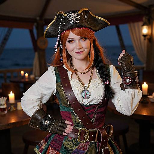 Photograph of a smiling young woman in a pirate costume, with a tricorn hat, white shirt, and brown vest, standing indoors by candlelight