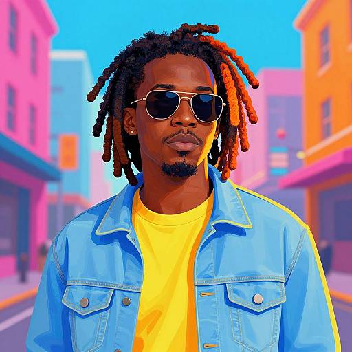 Photorealistic digital art of a black man with dreadlocks, wearing sunglasses, blue denim jacket, yellow shirt, standing in a vibrant, colorful urban