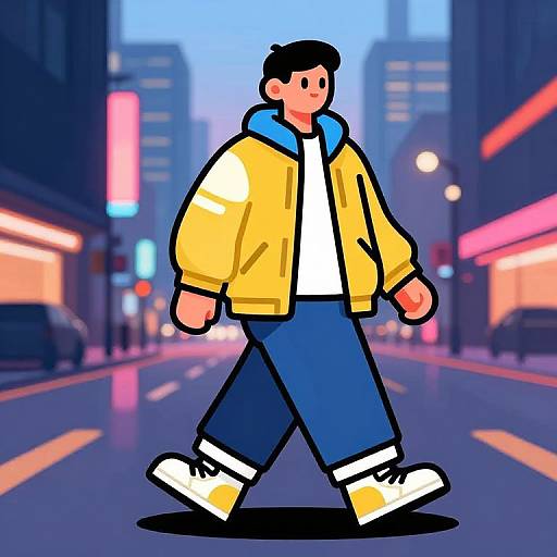 Cartoon-style drawing of a man in a yellow jacket, blue hoodie, white shirt, blue pants, and white sneakers walking on a brightly lit,