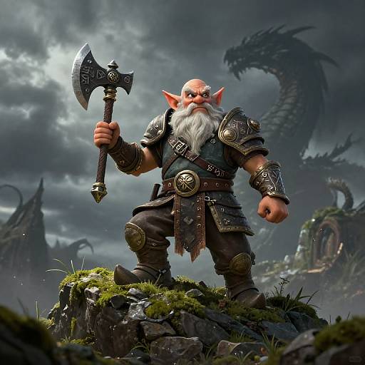 Fantasy CGI image of a muscular, bald, white-bearded dwarf warrior with pointed ears, holding an ornate axe, standing on a mossy