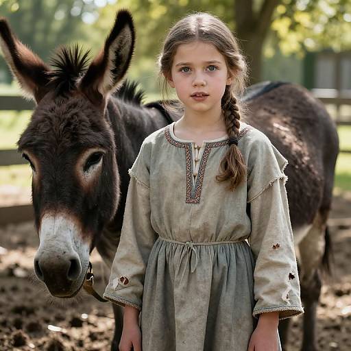 Photograph of a young girl with braided brown hair in a vintage-style gray dress standing beside a dark brown donkey in a sunlit, wooded