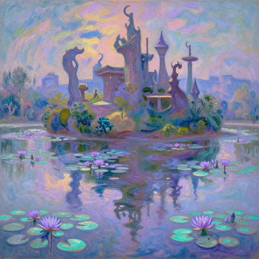 Whimsical, vibrant painting of a fantasy castle with ornate spires and statues, reflected in a serene, lily-pad-filled pond under a