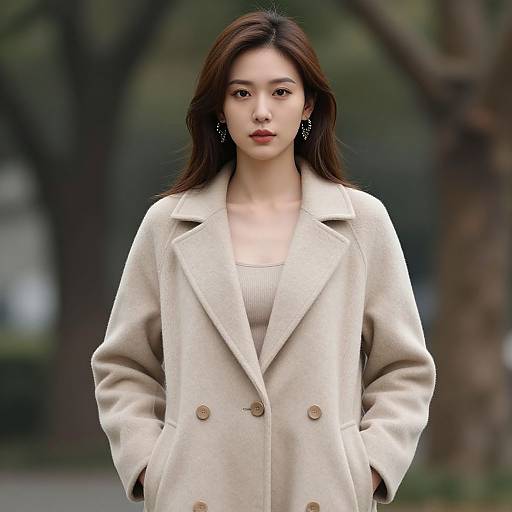 Photograph of an East Asian woman with long brown hair, wearing a beige double-breasted coat, white top, and dangling earrings, standing outdoors with