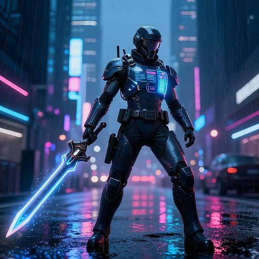 Digital artwork of a futuristic armored warrior holding a glowing blue sword in a neon-lit, rainy city street.