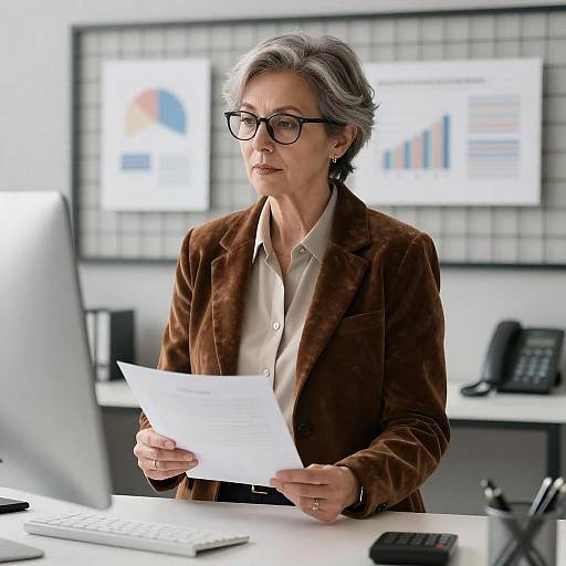 Focused Businesswoman Reviewing Document at Desk