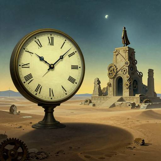 Photorealistic digital artwork: Large clock with Roman numerals in foreground, intricate clock tower with gears in desert under twilight sky.