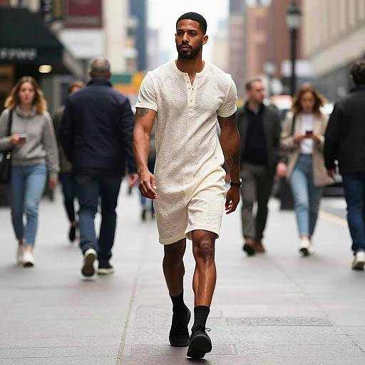 Photograph of a muscular Black man with short hair, beard, wearing a white short-sleeve polo dress and black boots, walking confidently in a