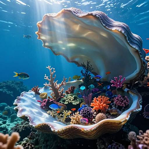 Photograph of a vibrant underwater scene with a large open clam shell housing colorful coral, fish, and sea anemones, illuminated by sunlight filtering through