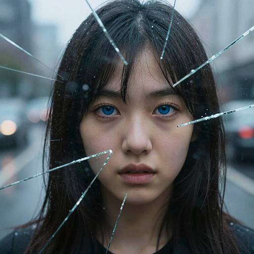 Intense Blue Eyes Through Shattered Glass