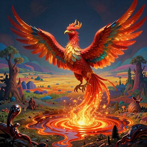 Vibrant digital illustration of a fiery phoenix with outstretched wings, standing in a glowing lava pool, surrounded by fantastical forest and mountain landscape