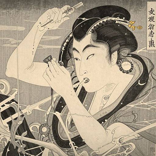 Monochrome woodblock print of a traditional Japanese woman with black hair, wearing intricate kimono, skillfully using a brush to paint, surrounded by swirling