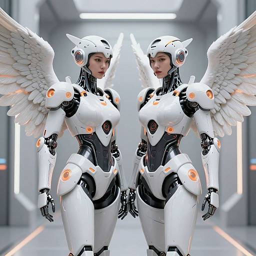 CGI image of two female robotic angels with white feathered wings, white and black armor, orange accents, standing in a futuristic hallway.