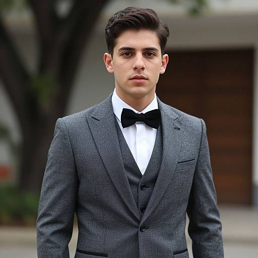 Photograph of a young man with dark hair, wearing a gray textured suit, white shirt, and black bow tie, standing outdoors with a blurred tree