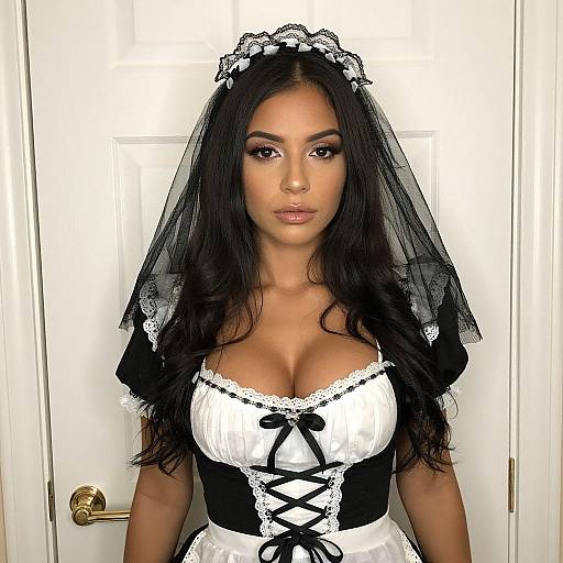 Photograph of a woman with long black hair, wearing a black and white French maid outfit with lace trim, veil, and black ribbon corset,