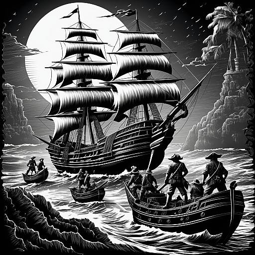 Crosshatched Scratchboard Pirate Treasure Scene
