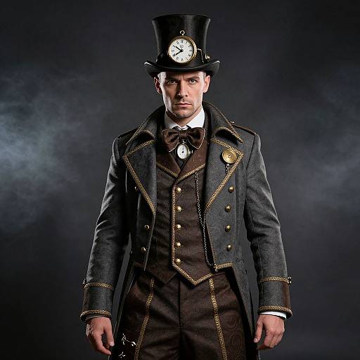 Photograph of a serious white man in Victorian steampunk attire, wearing a black top hat with a clock, dark jacket, brown vest, and