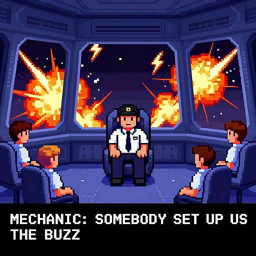 Pixel art of four men in a cockpit with exploding windows; central man in uniform, others in white shirts; text: 