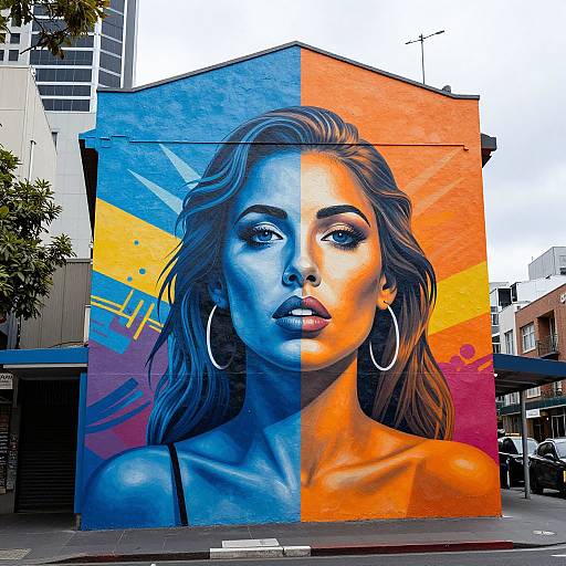 Vibrant street mural of a striking woman with blue and orange split face, hoop earrings, and intense gaze, set against a colorful urban backdrop.