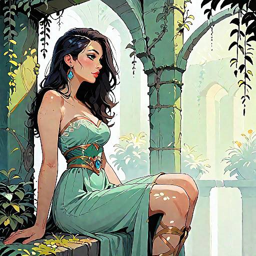 Woman in Olive Green Strapless Dress on Mediterranean Staircase