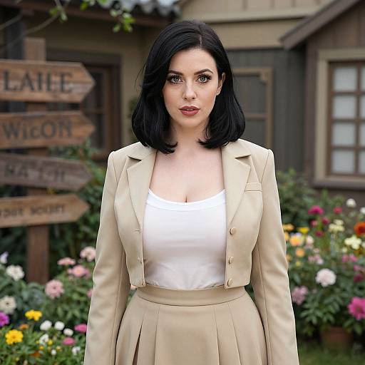 Photograph of a fair-skinned woman with black shoulder-length hair, wearing a beige blazer and white tank top, standing in front of a rustic