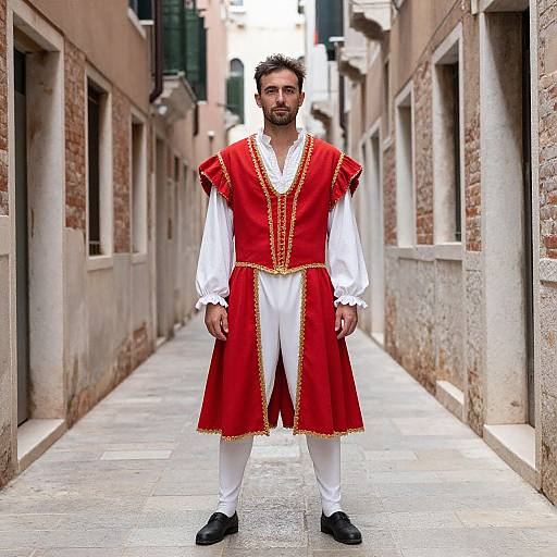 Photograph of a bearded man with dark hair, wearing a red and white traditional medieval costume, standing in a narrow, sunlit alleyway between