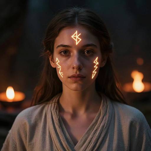 Photograph of a young woman with glowing, lightning-shaped marks on her face, wearing a beige robe, against a dark, candlelit background.