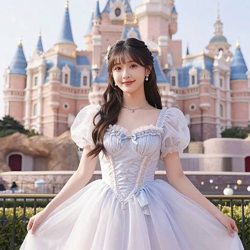 Asian woman in a white, puffed-sleeve, princess-style ball gown stands in front of a fairy-tale castle with blue-topped towers