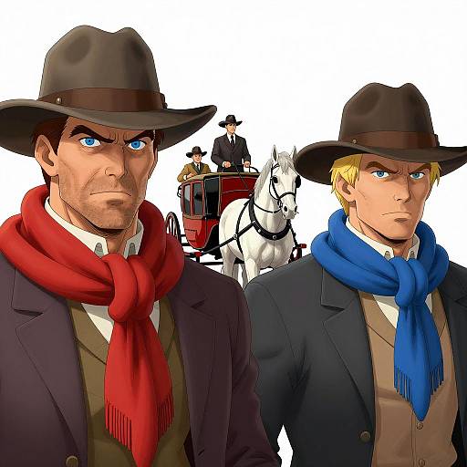 Intense Men with Stagecoach Background