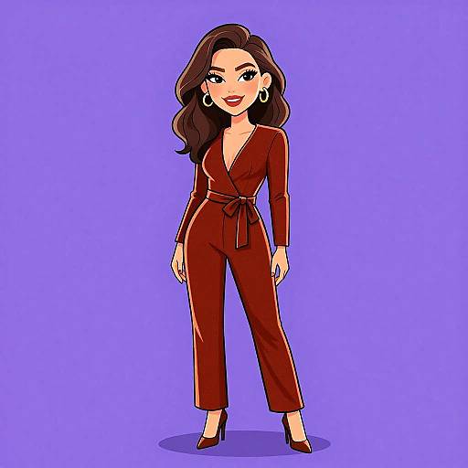 Cartoon-style drawing of a smiling woman with long brown hair, wearing a red wrap jumpsuit, black high heels, and large hoop earrings, against