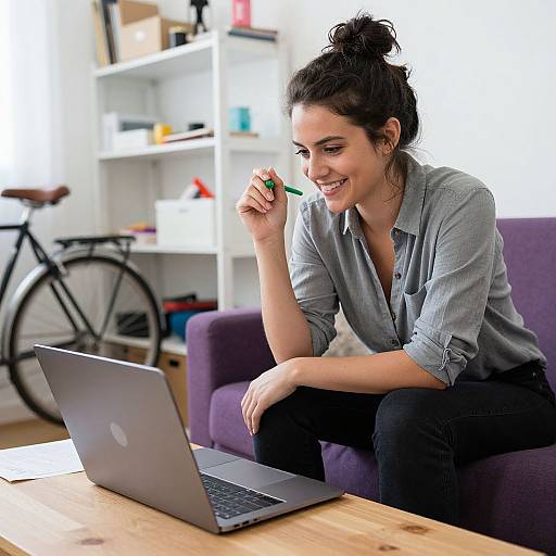 Photograph of a smiling brunette woman with a bun, wearing a grey shirt, sitting on a purple sofa, writing with a green pen on a laptop