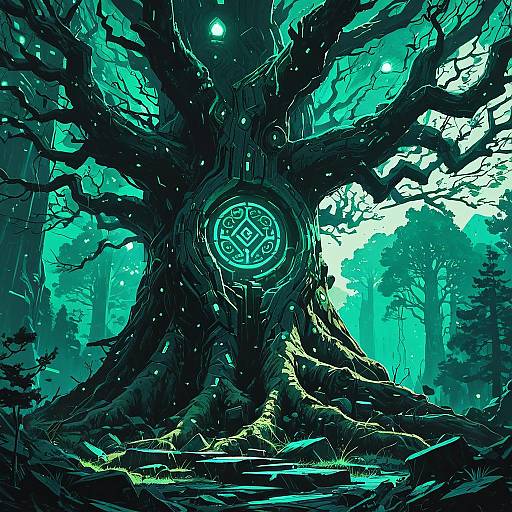 Intricate Runed Tree with Emerald Glow