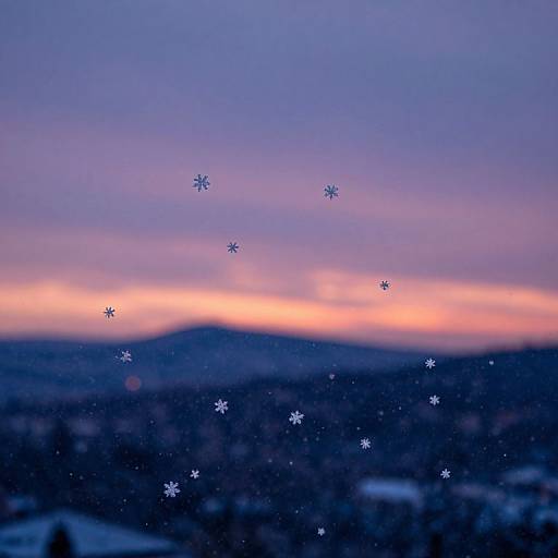 Photograph of a twilight sky with purple, pink, and orange hues; snowflakes fall against a distant, blurred mountain silhouette.