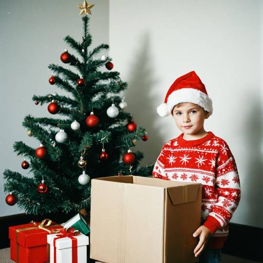Boy in Santa Hat with Christmas Tree and Gifts