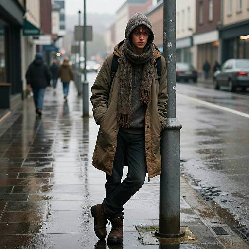 Photograph of a young man in a brown coat and gray scarf, leaning against a street pole on a rainy urban sidewalk.