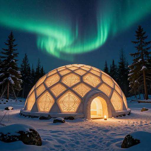 Photograph of a snow-covered igloo with illuminated geometric patterns, set in a forest under a vibrant green aurora borealis sky.