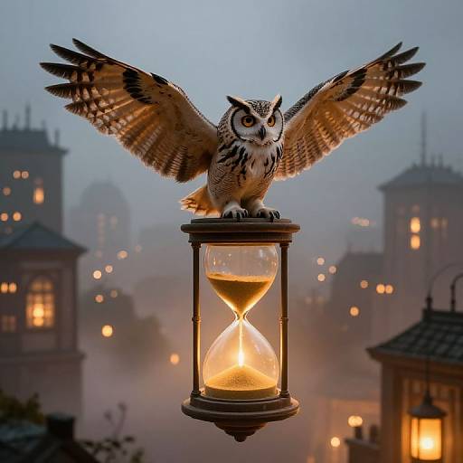 Amber-Eyed Owls Over Misty Cityscape