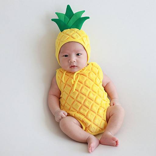 Photograph of a baby wearing a yellow pineapple onesie with a green leaf hat, sitting against a white background.