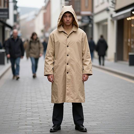 Photograph of an Asian man in a beige trench coat with hood, standing on a cobblestone street, urban background, blurred pedestrians.