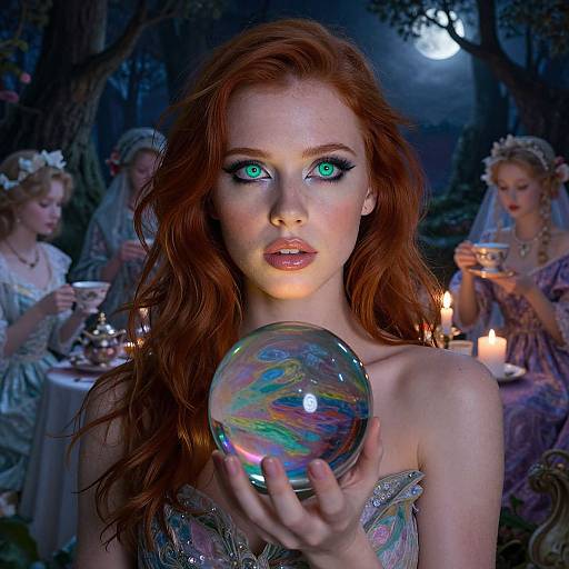 Photograph of a fair-skinned, red-haired woman with striking green eyes, holding a rainbow-colored crystal sphere, surrounded by candlelit, moonlit