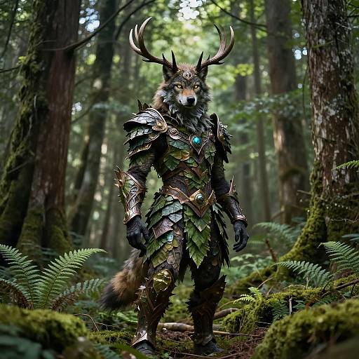 Photorealistic CGI of a wolf-headed, armored character with antlers standing in a lush, mossy forest. Wearing dark, metallic armor with