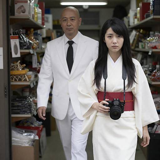Woman in Kimono Holding Camera with Man in White Suit Behind