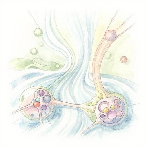 Digital illustration of two colorful, circular cell structures with connected arms and spheres, set against a swirling, pastel-colored background.
