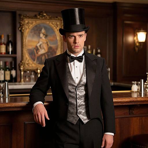 Photograph of a handsome man in a black tuxedo, silver vest, and top hat, leaning on a wooden bar, with a classic painting