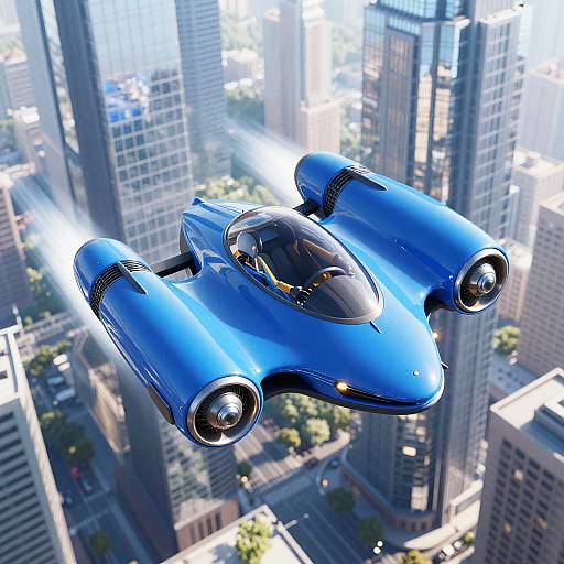 Futuristic Blue Hovercar in Cityscape