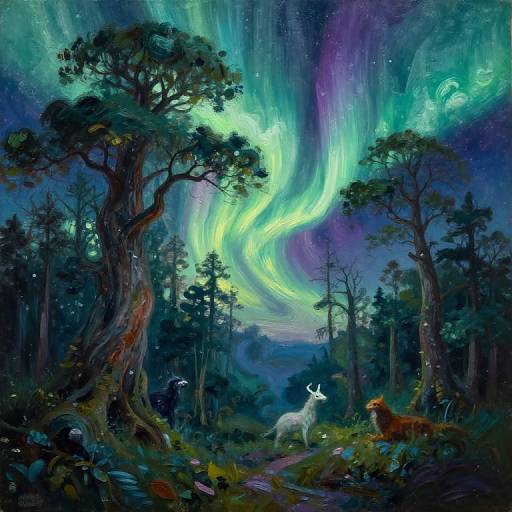 Ethereal Forest Beneath Aurora Borealis